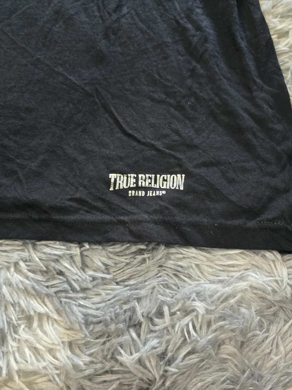 True Religion Men's Black V-Neck Tee with Silver Logo Accents Size Large